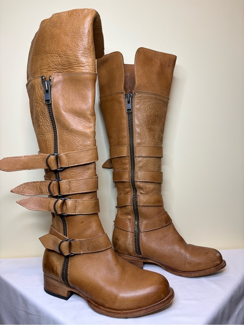 Freebird by Steven Tall Buckle Leather Over-the-Knee Boots in Tan Size 8